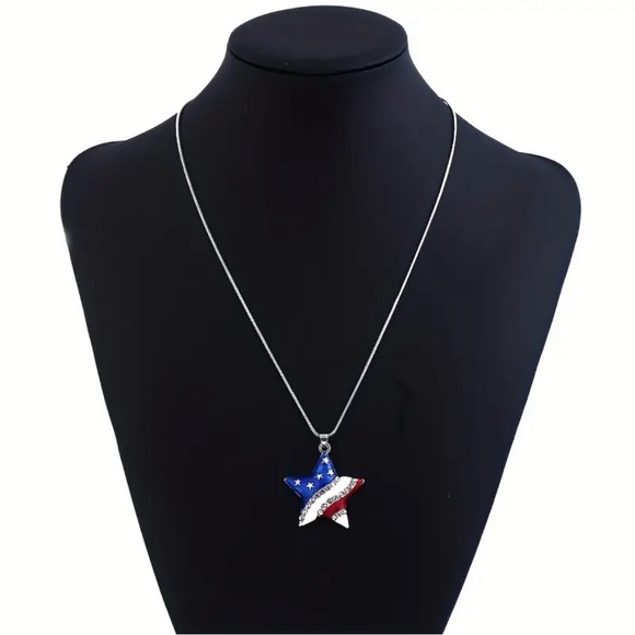 American Flag Star Pendant Necklace with Crystal Rhinestone - Silver Tone - Picture 3 of 3